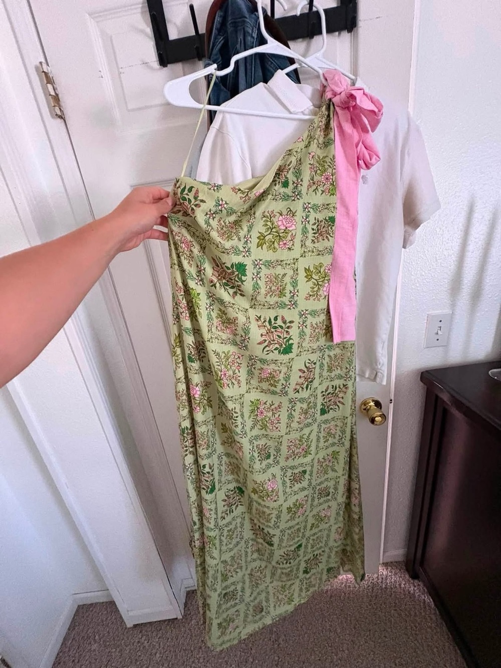 G/FORE Light Green Floral Maxi Dress with Pink Shoulder Tie